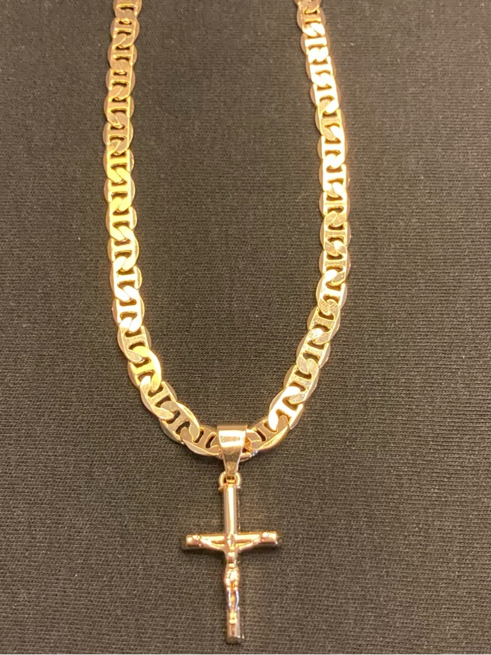 Gold Chain Mariner Link Necklace 6mm With Gold Cross Crucifix Pendant Set